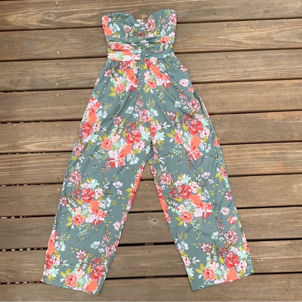 BOG Collective Green Floral Strapless Jumpsuit